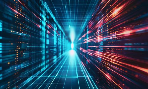 Blurred hosting servers in big data center. Cloud computing. Technology background.