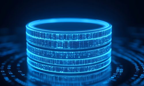 A glowing digital data storage stack in blue neon lights, representing modern database and technology concepts.
